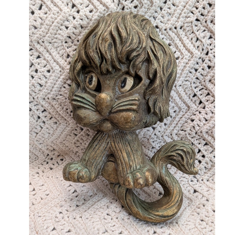 Vintage Homco Gold Bronze Kitten Lion Cub Wall Plaque 12 Inch Shaggy Cat Decor
